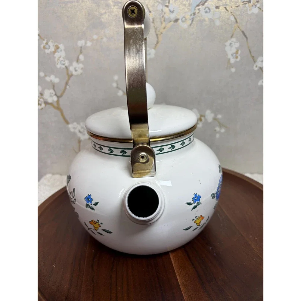 Vintage M Kamenstein Floral Enamel Teakettle White Brass Handle Tea Pot 1983